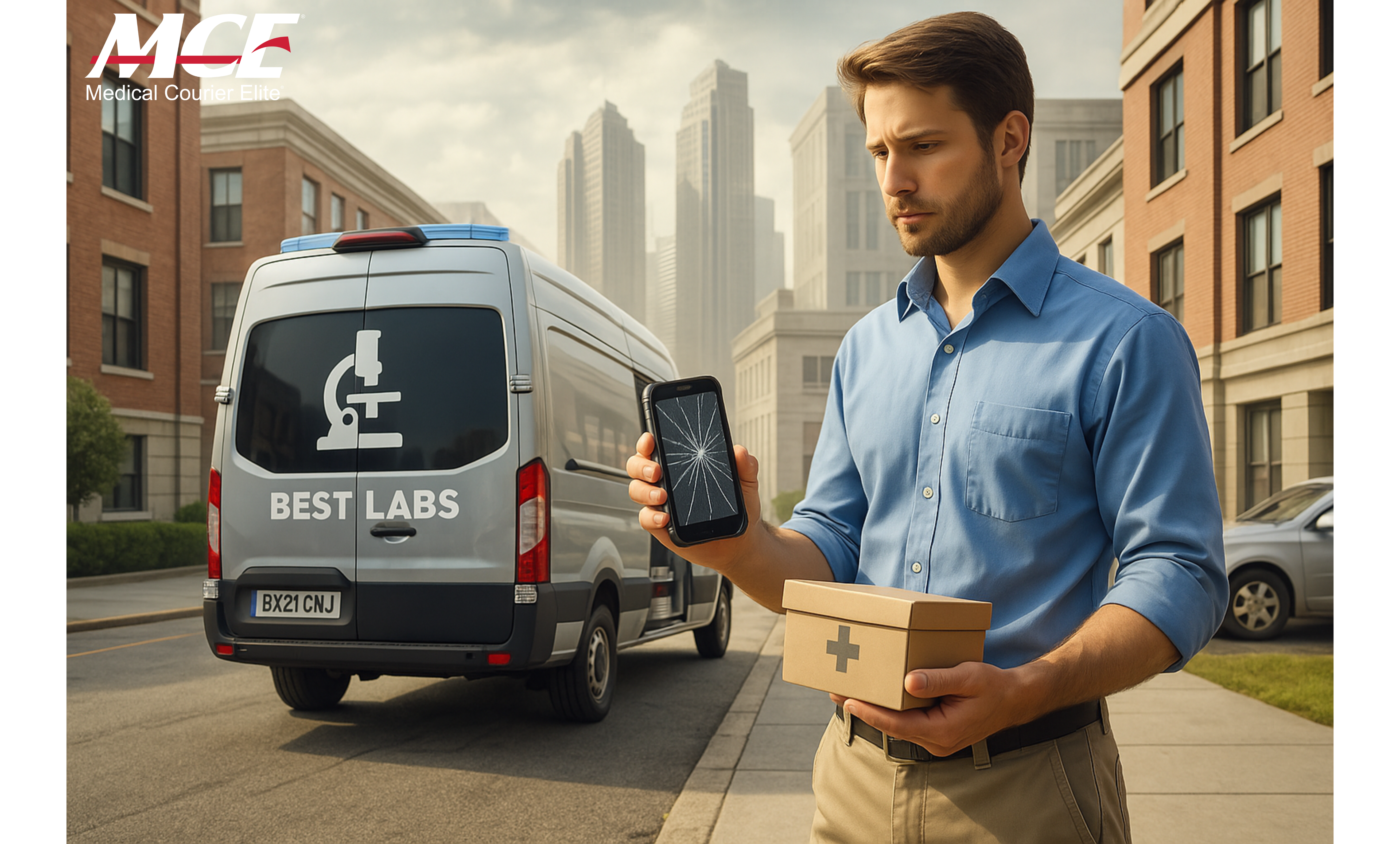 Medical Courier Holding Broken Device